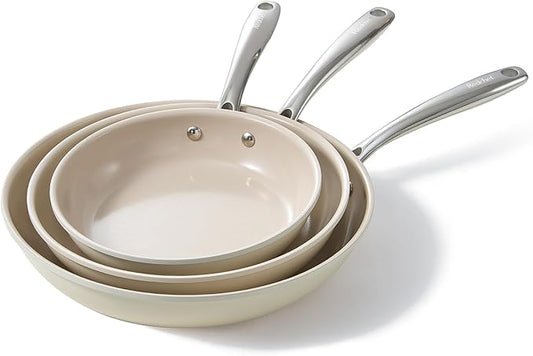 Redchef Nonstick Frying Pans Set, Ceramic Pan Skillet, Non Toxic Pans for Cooking, 8" 9.5" 11" Ceramic Frying Pan Set PFAS & PTFE & PFOA Free with Stay Cool Handle, Dishwasher & Oven Safe, Beige White