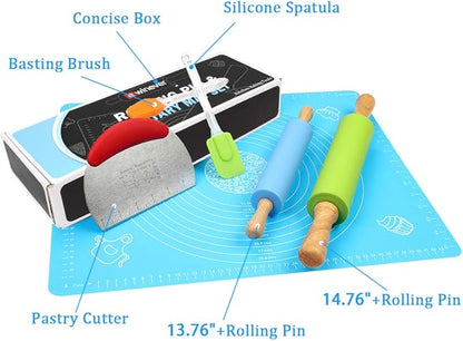 Ewinever 1Set Rolling Pin Pastry Mat Set Non-Stick 6 in 1 Dough Roller Baking Kit with Pastry Cutter Reusable Kneading Mat Scraper Basting Brush