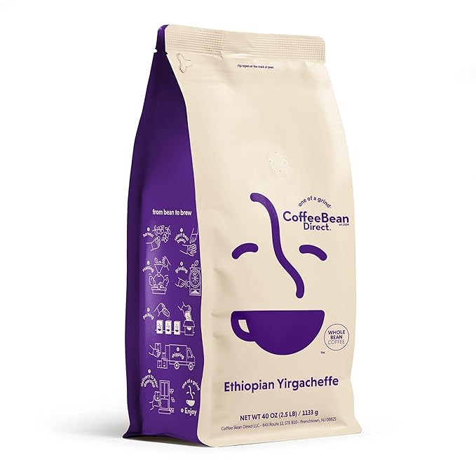 Coffee Bean Direct Ethiopian Yirgacheffe, Whole Bean Coffee, Light Roast, 2.5 Pound Bag (Pack of 1)