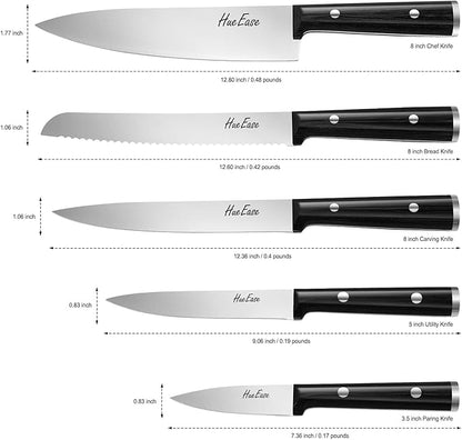 Knife Set,6-Piece Kitchen Knife for Home Use, Sharp Knife Set with Natural Acacia Wood Knife Block, Germen Steel Wood Handle Kitchen Knife Block Set, Ergonomical Design ((Ink-black))