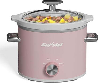 Sunvivi 2 Quart Slow Cooker, Small Slow Cooker with Removable Ceramic Pot, Food Warmer with 3 Heating Settings & Dishwasher Safe Glass Lid, Pink