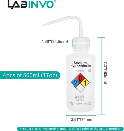 4pcs of Sodium Hypochloride Wash Bottles, Vol.500ml (17oz), Narrow Mouth, Self-Venting Safety Wash Bottles, LDPE Material, IN-WBS500
