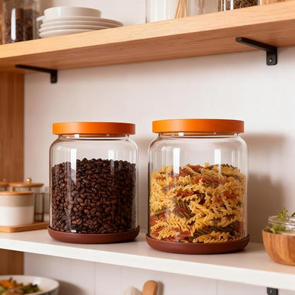 SAIOOL 2PCS Large Glass Storage Jars with Wooden Lids,Airtight Food Storage Containers, 3mm Thick Glass Kitchen Pantry Organization, Laundry Detergent Pods, with Scoop & Labels (67 FL OZ/2000 ml)