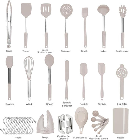 Silicone Kitchen Cooking Utensils Set with Stainless Steel Handle, Spatula Set Utensil Set, Cooking Utensil Set,Kitchen Tools Gadgets for Nonstick Cookware (35, Khaki)