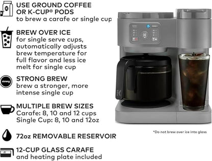 2-in-1 Hot & Iced Coffee Maker for Pods & Grounds – 12-Cup Glass Carafe & Single-Serve Brewer, 72oz Reservoir, Strong Brew, Extra Hot, Brew Over Ice, MultiStream Tech, Compact Design (Gray)