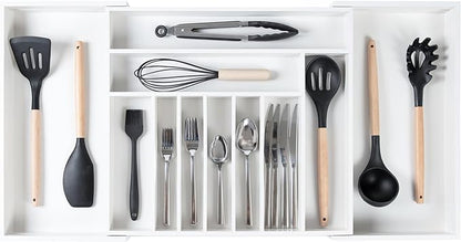 KitchenEdge Premium Silverware, Flatware and Utensil Organizer for Kitchen Drawers, Food-Safe Contract Grade, Expandable from 18 to 33 In, White Bamboo