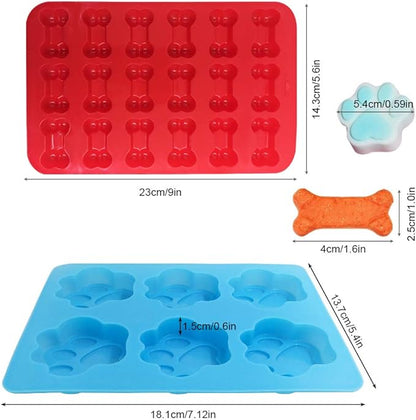 4 Pcs Silicone Candy Chocolate Molds, FineGood Puppy Dog Paw & Bone Shaped Ice Cube Trays Cookies Baking Pans for Making Frozen Dog Treats Soap Bars - Red, Blue, Purple, Pink