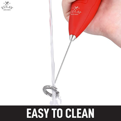 Zulay Double Grip Milk Frother with Holster Stand – Handheld Electric Coffee Frother, One-Touch Foam Maker – Detachable SS Whisk for Latte, Cappuccino, Matcha, Hot Chocolate – Red