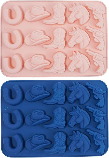 2 Pack Cowboy Chocolate Molds, Western Theme Silicone Mold Baking with Cowboy Hat, Cowboy Boot and Horse, Suitable for Making Chocolate, Candy, Cakes, Cupcakes, And Cookies Soaps (Pink and Blue-2PCS)