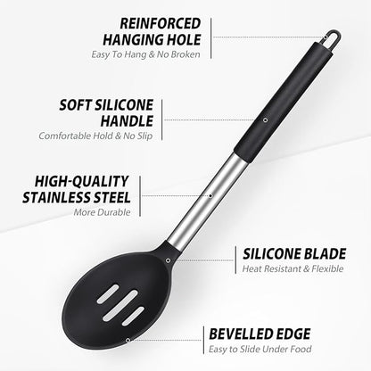 Pack of 2 Large Silicone Cooking Spoons, Non-Stick Stainless Steel Slotted and Solid Spoon Set for Serving, Mixing, Draining, Heat Resistant, Scratch Resistant and BPA Free Kitchen Scoops (Black)