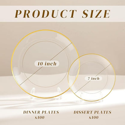 bUCLA 200PCS Clear and Gold Plastic Plates - Clear Disposable Plates with Gold Rim, Includes 100 PCS 10 inch Dinner Plates and 100 PCS 7 inch Dessert Plates for Party&Wedding