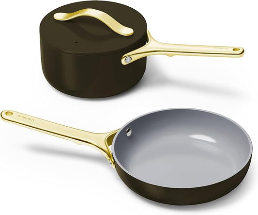 Caraway Mini Cookware Set - Non-Stick Ceramic Fry Pan (1.05 qt, 8") Sauce Pan (1.75 qt) & Storage Rack - Non Toxic, PTFE & PFOA Free - Oven Safe & Stovetop Agnostic (Gas, Electric & Induction) - Black