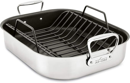 All-Clad Specialty Stainless Steel Large Roaster with Nonstick Rack 13x16 Inch Oven Broiler Safe 500F Roaster Pan, Pots and Pans, Cookware Silver