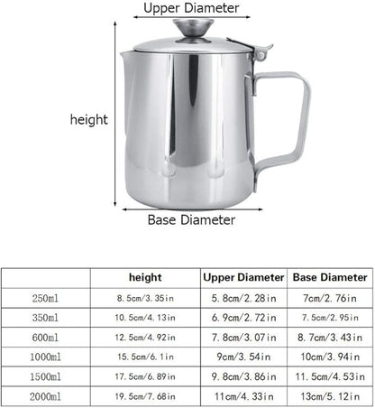 Stainless Steel Coffee Cup Mug Milk Frothing Pitcher Jug with Lid for Latte Coffee Art for Office Kitchen(2000mL)