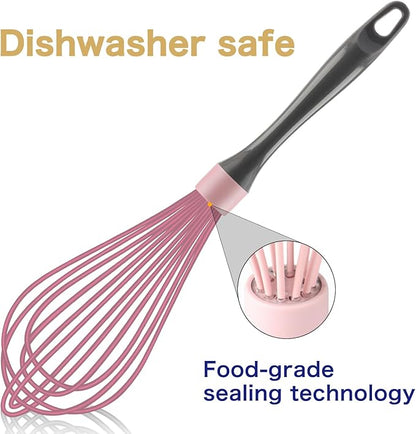 Pink whisk, Dishwasher Safe Wisk, Professional Whisks For Cooking Non-Scratch, Stainless Steel & Silicone Wisk, Plastic Rubber Whisk Tool For Nonstick Cookware Pans, Heat Resistant Whisk 12-Inch