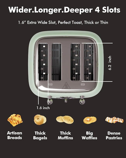 LONGDEEM Retro 4-Slice Toaster 1.6" Wide Slots - 6 Toast Settings with Bagel Function, Stainless Steel Body, Defrost/Cancel Button & Crumb Tray, Vintage Green