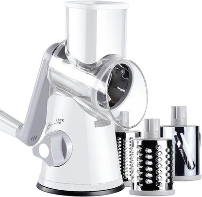 Rotary Cheese Grater Hand Crank, Grater For Kitchen With Reinforced Suction - Rotary Cheese Grater With 3 Replaceable Stainless Steel Blades - Easy to Use & Clean - Vegetable Cutter (White)