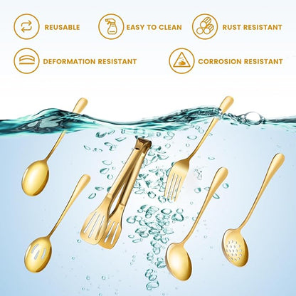 Gold Serving Utensils Set for Partie, Stainless Steel Metal Large Serving Spoons, Slotted Spoons, Forks, Tongs, Soup Spoons, Skimmer Spoon, Cake Server for Buffet, Catering, Entertaining 15pcs