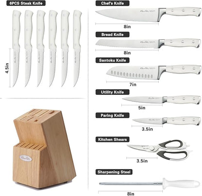 Harriet 14-Piece Knife Block Set, High-Carbon Stainless Steel Chef Knives with Triple Rivet Handles, Sharpening Steel & Multifunctional Shears | Santoku, Bread, Steak Knives & Wood Block