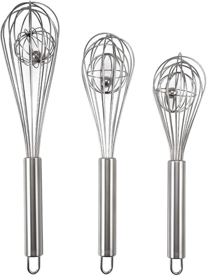 3 Pack 9, 10, 12 inch Balloon Whisk Double Balloon Wire Whisk Blending Whisking Beating Stirring Egg Beater Stainless Steel(with inside Ball)