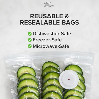 Chef Preserve Reusable Vacuum Sealer Bags for Food – 30 BPA-Free XL Large (12 x 20 in) Food Storage Bags, Freezer, Microwave – Odor-Resistant, Leak-Proof – Compatible with Chef Preserve Vacuum Sealers