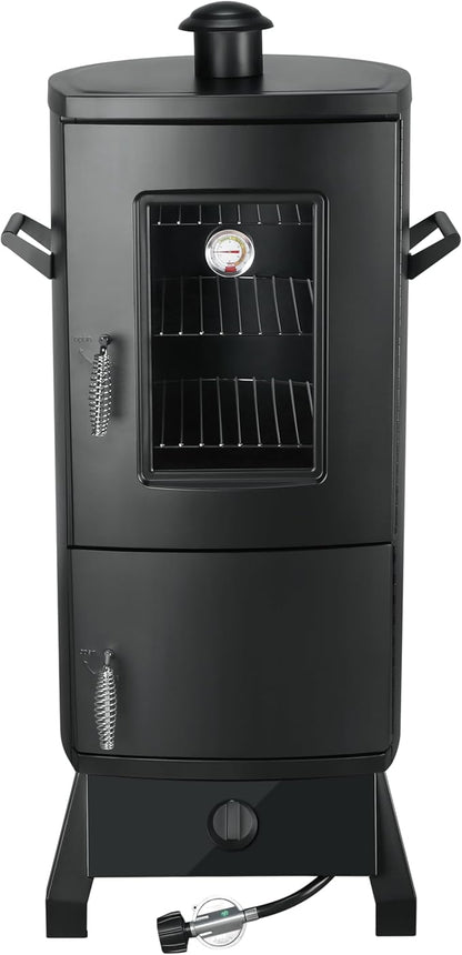 Propane Smoker with Cover, Vertical Meat Gas Smoker Grill Outdoor Heavy Duty 3 Removable Smoking Racks, Black