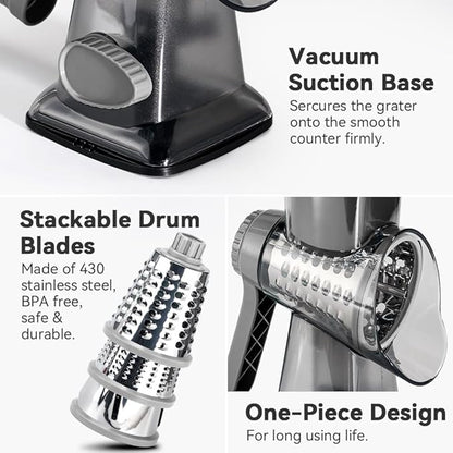 Cheese Grater Hand Crank Rotary Vegetables Shredder with Handle, 3-in-1 Graters with Interchangeable Blades and Strong Suction Base Multifunctional Slicer for Kitchen
