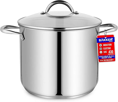 Stainless Steel Stockpot with Tempered Glass Lid 16 Quart, Durable 18/0 Stainless Steel, Impact-Bonded Base for Even Heating, Riveted Handles, Oven & All Stove Compatible, Safe Up To 500°F (260°C)