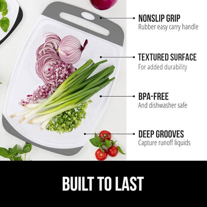 GORILLA GRIP BPA-Free Reversible Kitchen Cutting Board Set of 3, Nonporous, Juice Grooves to Catch Liquid, Slip Resistant Handle Border, Dishwasher Safe, Durable Large Food Chopping Boards, Gray
