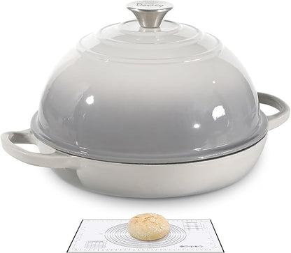 Davivy 5.5QT Cast Iron Dutch Oven with Silicone Baking Mat, 10" Round Bread Dutch Oven, Sourdough Bread Baking Pan, Enameled Cast Iron Bread Oven - Light Grey