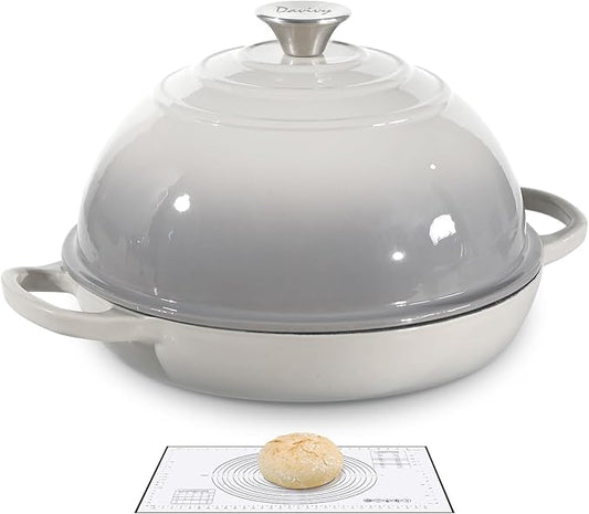 Davivy 5.5QT Cast Iron Dutch Oven with Silicone Baking Mat, 10" Round Bread Dutch Oven, Sourdough Bread Baking Pan, Enameled Cast Iron Bread Oven - Light Grey