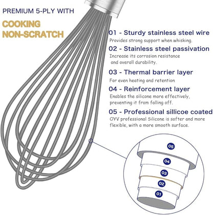Grey Silicone Whisk, Professional Whisks For Cooking Non-Scratch, Stainless Steel & Silicone Wisk, Plastic Rubber Whisk Tool For Nonstick Cookware Pans, Silicon Wisks Set of 3