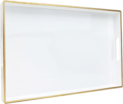 Spsyrine White Decorative Serving Tray with Handles, Elegant Plastic Coffee Table Tray for Ottoman, Living Room, Home Decor 15.6" X 10.2"