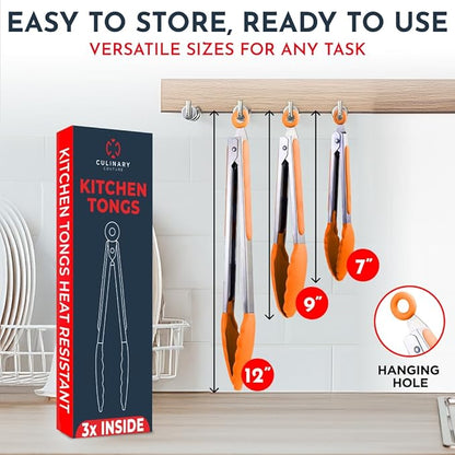 Kitchen Tongs for Cooking with Silicone Tips, Heat Resistant Tongs for Serving Food, 7-Inch, 9-Inch, 12-Inch Locking Silicone Tong, Set of 3 Salad Tong, Orange Kitchen Utensils