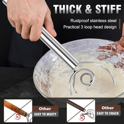 Walfos Danish Dough Whisk, Rustproof Stainless Steel Bread Whisk, Quick Mixing Bread Mixer, Dutch Dough Whisk for Cooking, Blending, Whisking, Stirring, Sourdough, Pizza, Pastry, Cake Batter…