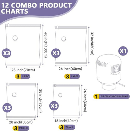 12 Pack Vacuum Storage Bags, Space Saver Bags, for Comforters and Blankets, Plush Toy, Vacuum Seal Bags for Clothing (3 Jumbo/3 Large/3 Medium/3 Small) Vacuum Bags with Pump Electric