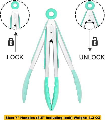 Mini Tongs with Silicone Tips 7 Inches Silicone Cooking Tongs, Set of 3 (Mint)
