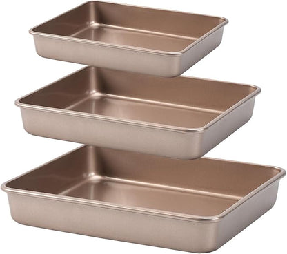Nonstick Roasting Pan, Deep Baking Pan Set, Large Cake Pan Sets for Oven, 3-Piece Brownie Pan （Gold）