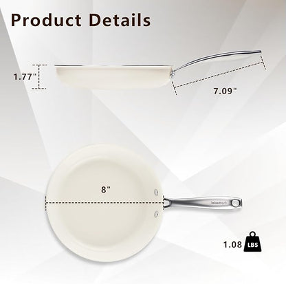 8" Ceramic Frying Pan Nonstick, Small Skillet, Cooking Pan Non Toxic with Stay Cool Handle for Induction, Chef's Pan, PTFE & PFAS & PFOA Free, Dishwasher/Oven Safe, White
