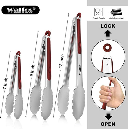 Walfos Stainless Steel Kitchen Tongs - 7, 9 & 12 Inch Heavy Duty Locking Metal Tongs for Cooking, BBQ Grilling, Set of 3 Non-Slip Grip (Wine Red)