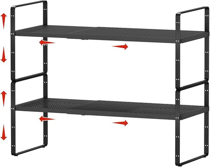 2Pack Expandable Cabinet Shelf Organizers, Stackable Metal Shelves Extender for Kitchen Countertop Storage, Adjustable Spices Shelves Rack Stand for Cupboard Pantry, Black