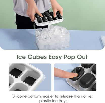 DOQAUS Ice Cube Tray with Lid and Bin, 4 Pack Silicone Plastic Ice Cubes Trays for Freezer with Box/Container, Stackable with Storage Iced Bucket Kits, Scoop, for RV, Soup, Food, Cocktail, Coffee