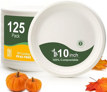 WELLIFE 10 Inch Paper Plates, 125-Pack 100% Compostable Heavy Duty Disposable Plates Bulk, Biodegradable Bagasse, Eco-Friendly, PFAS-Free | BPI Certified | Microwaveable