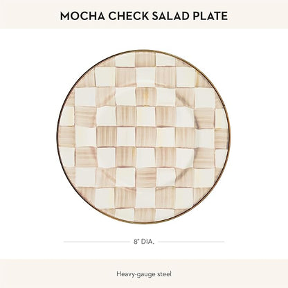MACKENZIE-CHILDS Enamel Salad and Dessert Plate, Small Plate for a Dessert or Appetizer Dish, 8 Inches, Brown-and-White Mocha Check