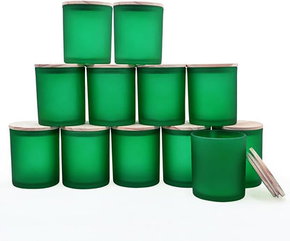 14 OZ Thick Candle Jars for Making Candles 12 Pcs, 3 Wick Empty Jars with Wood Lids for Candle Making, Sample Container, Frosted Green
