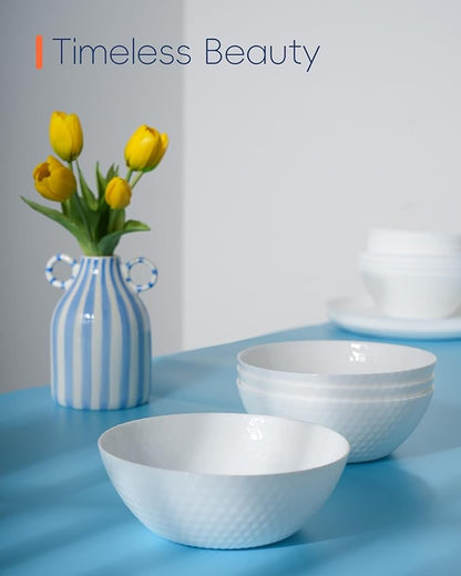 27 OZ Max Cereal Soup Bowl Set of 6, Opal Glass 7.2 inch White Geometric Faceted Bowls for Ramen, Noodle, Salad, Fruit, Dishwasher and Microwave Safe