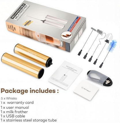 Rechargeable Milk Frother Handheld Electric Frother Wand Milk Foamer Drink Mixer for Coffee, Lattes, Cappuccino, and Egg, Stainless Steel for Travel-Golden