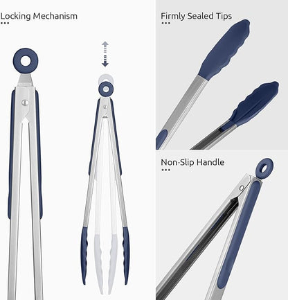 600ºF Heat Resistant Kitchen Tongs: U-Taste 7/9/12 inch Silicone Cooking Tong Set with Non Stick Rubber Tips and Silicon Coated 18/8 Stainless Steel Handle for Serving Grilling Salad(Midnight Blue)