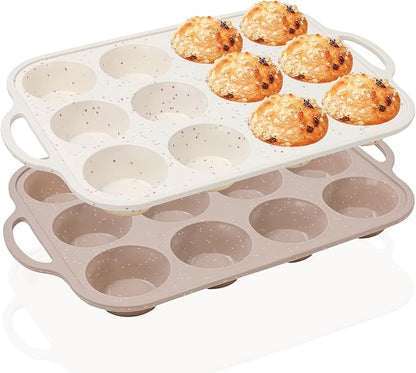 Vinino 2Pack Silicone Muffin Pans for Baking with Metal Reinforced Frame, 12 Cups Regular Size Nonstick Silicone Cupcake Pan, BPA Free Oven Dishwasher Safe Baking Mold for Muffins Cupcakes