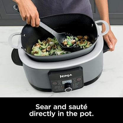 Ninja Foodi 8-in-1 Everyday Possible Cooker PRO 8.5-Quart Multi-Cooker with Glass Lid, Slow Coorker Integrated Spoon, and Non-Stick, Oven-Safe Pot,Sea Salt Grey